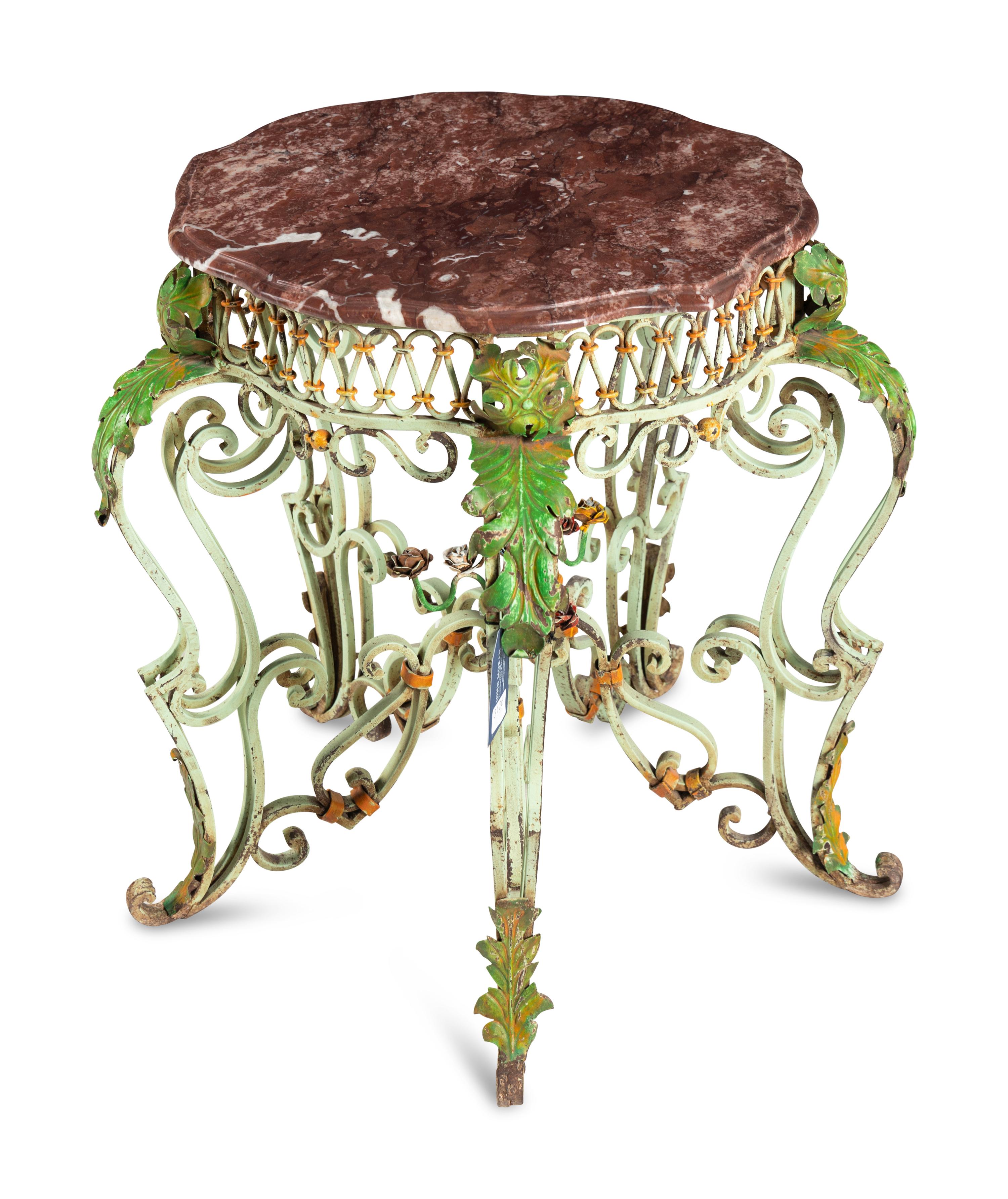 A Painted and Parcel Gilt Wrought Iron Marble-Top Table