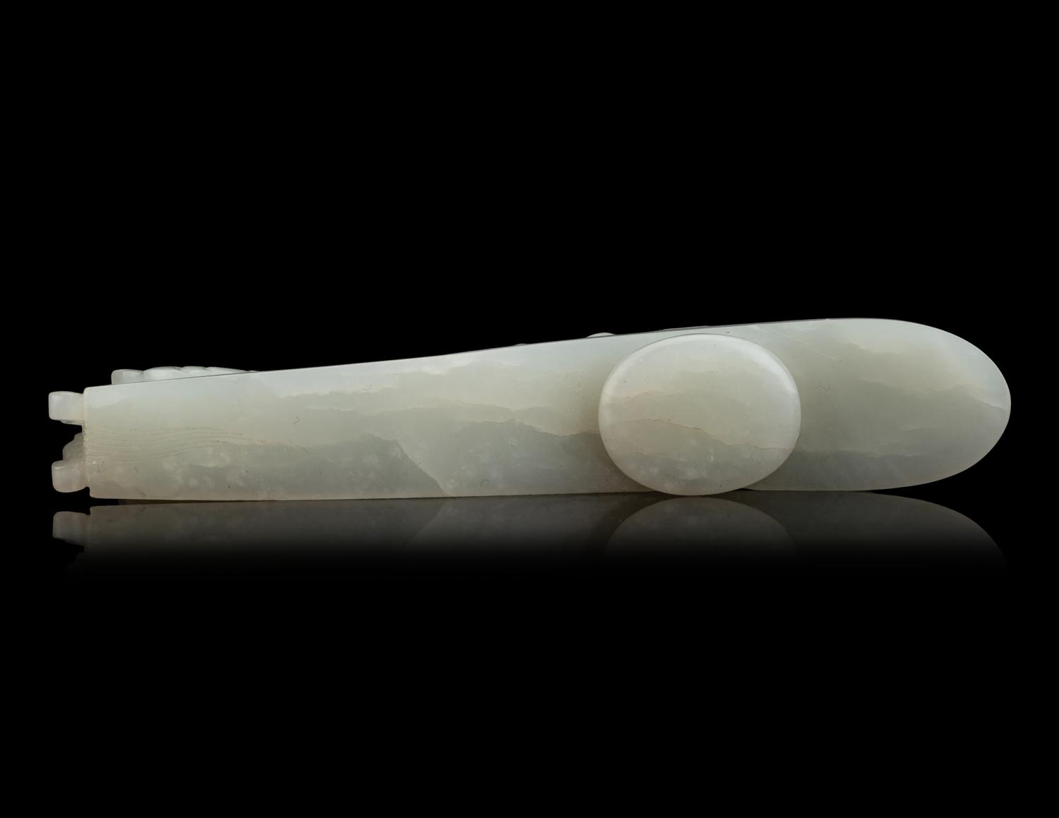 Two Chinese Carved Celadon Jade 'Chilong' Belt Hooks