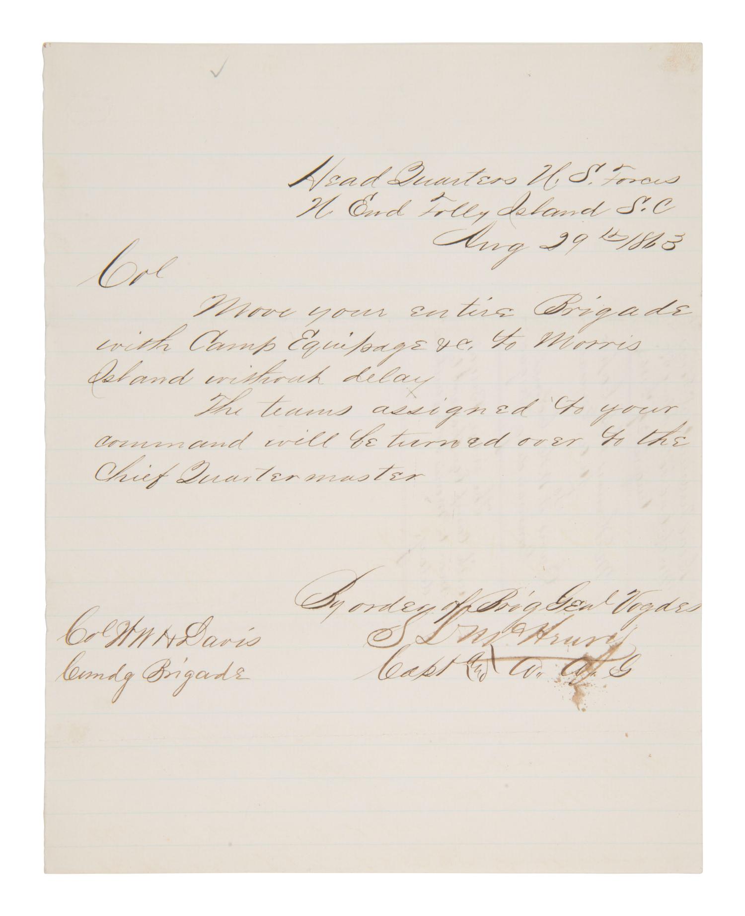 [CIVIL WAR]. Manuscript order issued from Folly Island in aftermath of Fort Wagner. 29 August 1863.