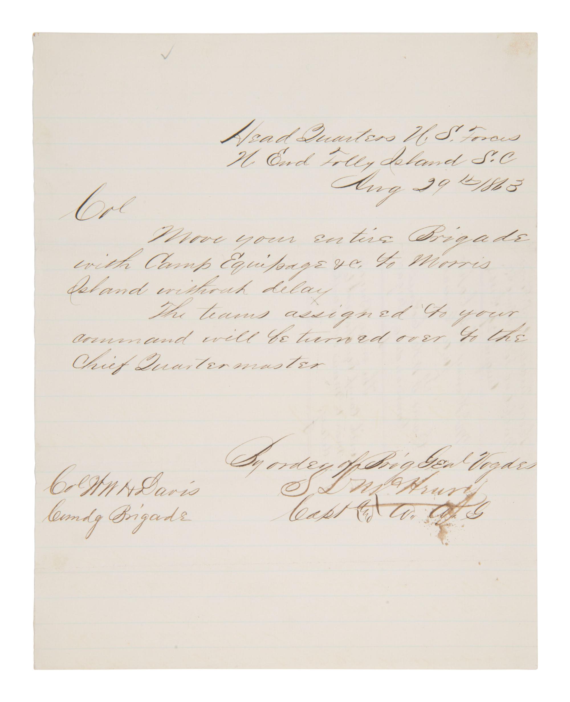 [CIVIL WAR]. Manuscript order issued from Folly Island in aftermath of Fort Wagner. 29 August 1863.