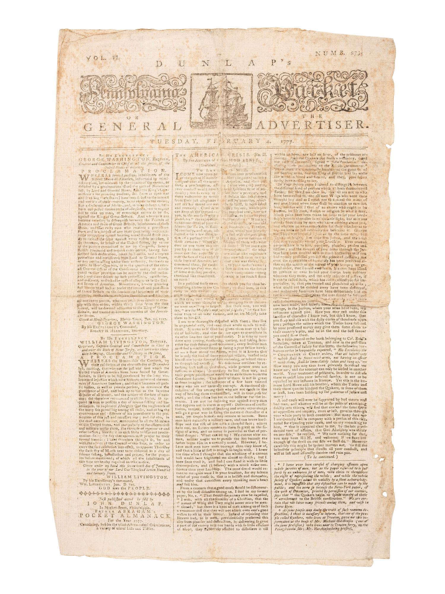 HOWE, Adm. Richard (1726-1799) -- HOWE, Gen. William (1729-1814). "A Proclamation" from Lord Howe offering clemency for the declaration of a loyalty oath. 30 Nov. 1776. [With:] Washington's printed response to the British proclamation. 4 Feb. 1777.