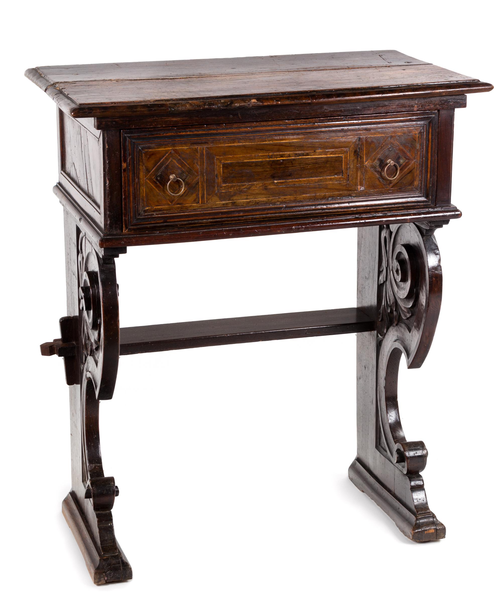 An Italian Walnut Side Table Height 33 3/4 x width 28 1/2 x depth 15 inches. — 17TH CENTURY