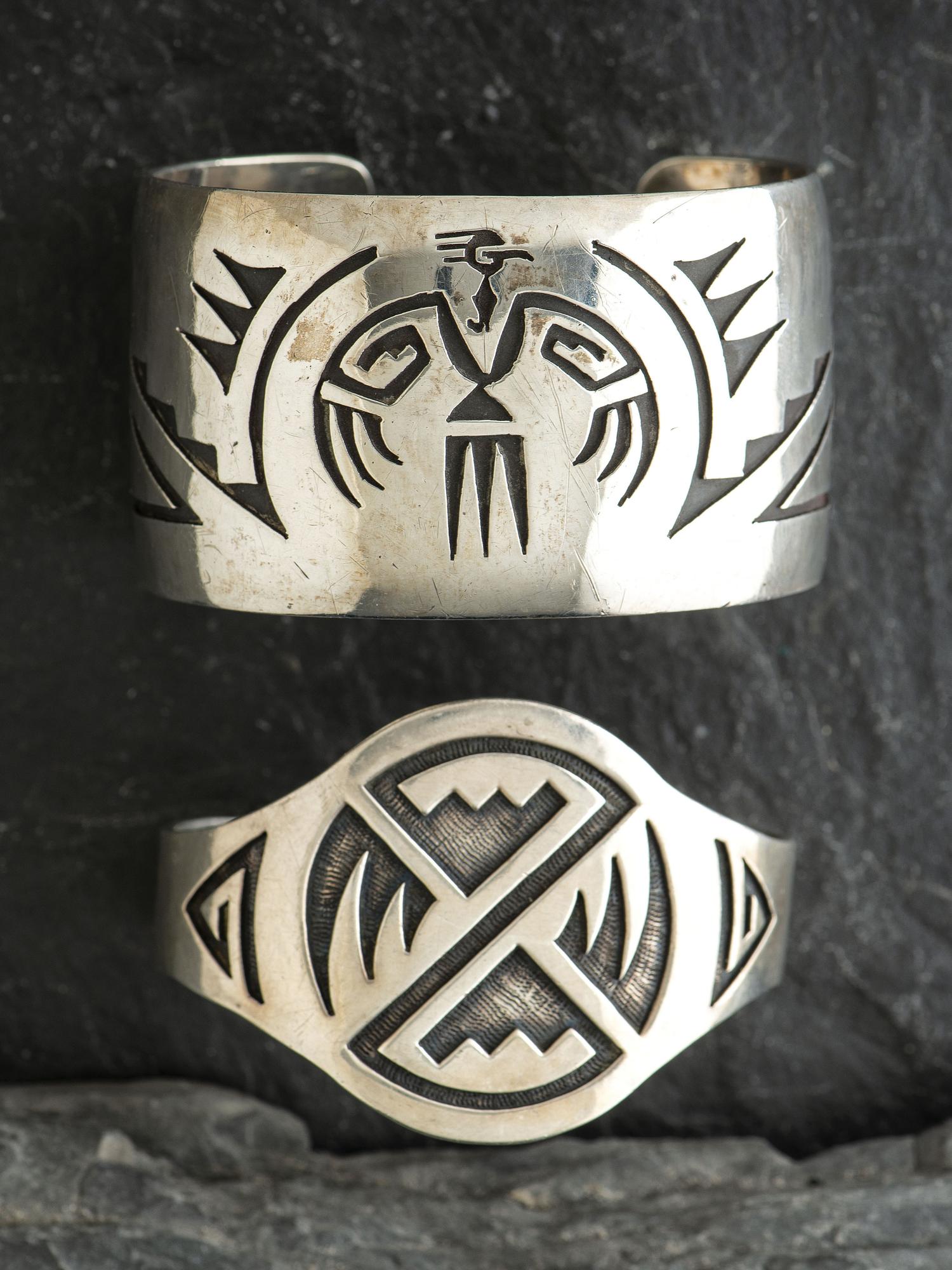 Hopi and Navajo Silver Overlay Cuff Bracelets