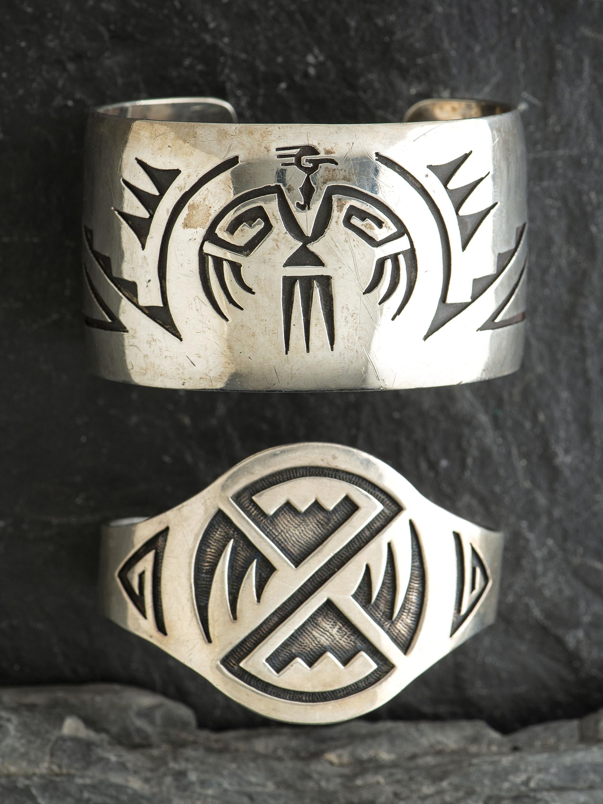 Hopi and Navajo Silver Overlay Cuff Bracelets