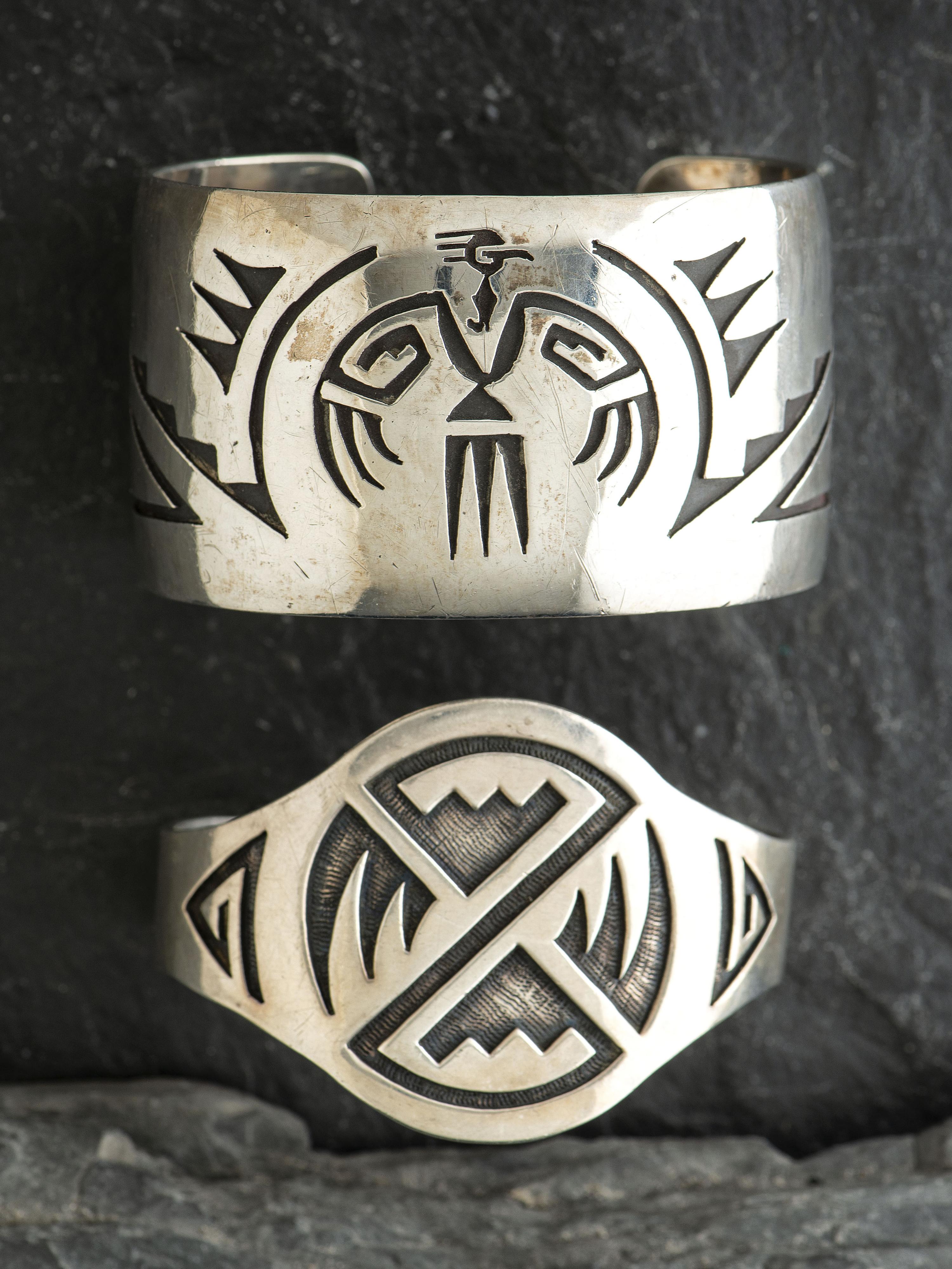 Hopi and Navajo Silver Overlay Cuff Bracelets