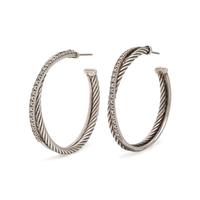 David Yurman, Sterling Silver and Diamond Cable Crossover Hoop Earrings