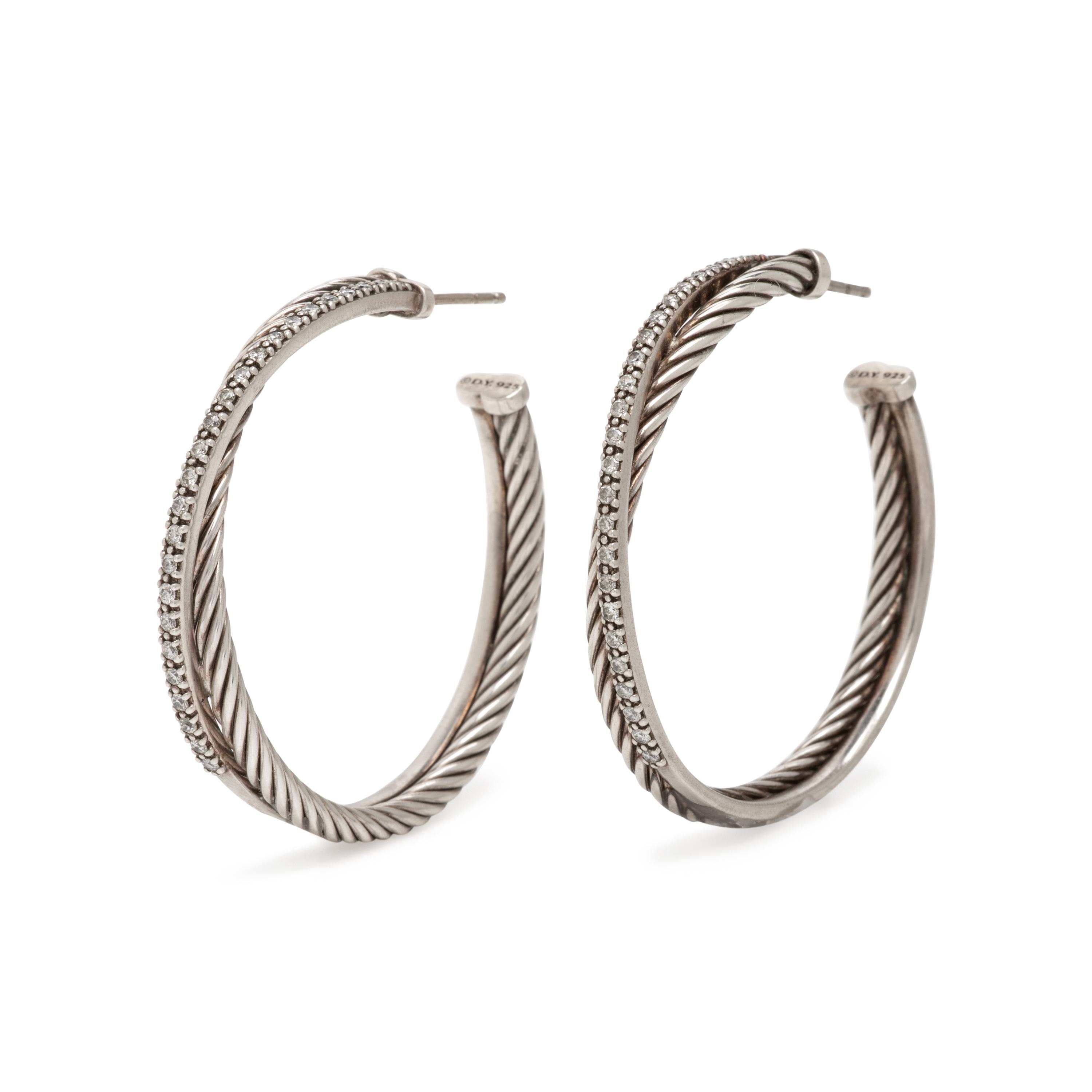 David Yurman, Sterling Silver and Diamond Cable Crossover Hoop Earrings