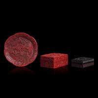 Two Chinese Lacquer Boxes and a Dish, Late 19th/20th Century 晚清民國 剔紅方形蓋盒二及葵花盤一件