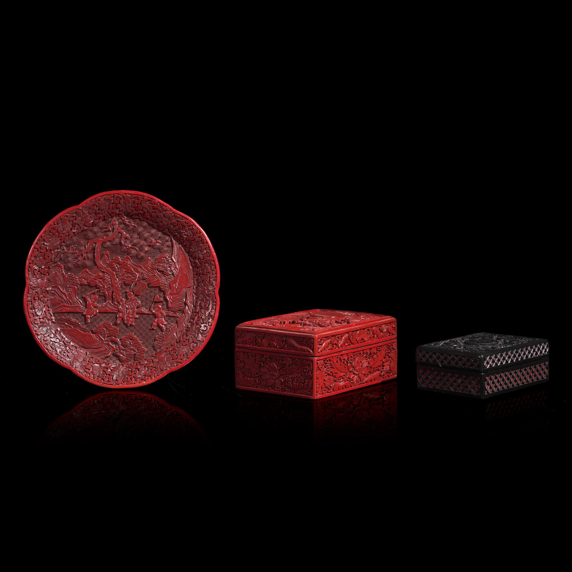 Two Chinese Lacquer Boxes and a Dish, Late 19th/20th Century 晚清民國 剔紅方形蓋盒二及葵花盤一件