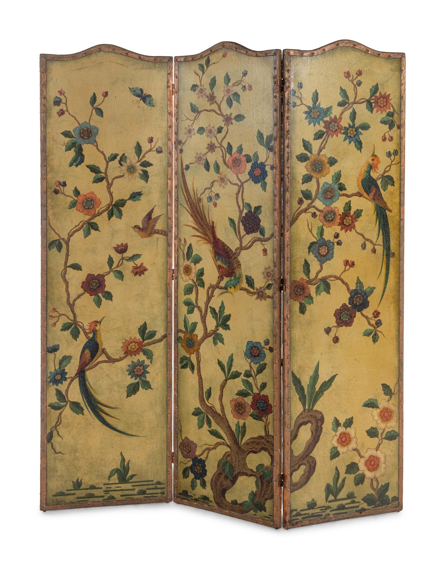 A Continental Painted Leather Three-Panel Floor Screen
