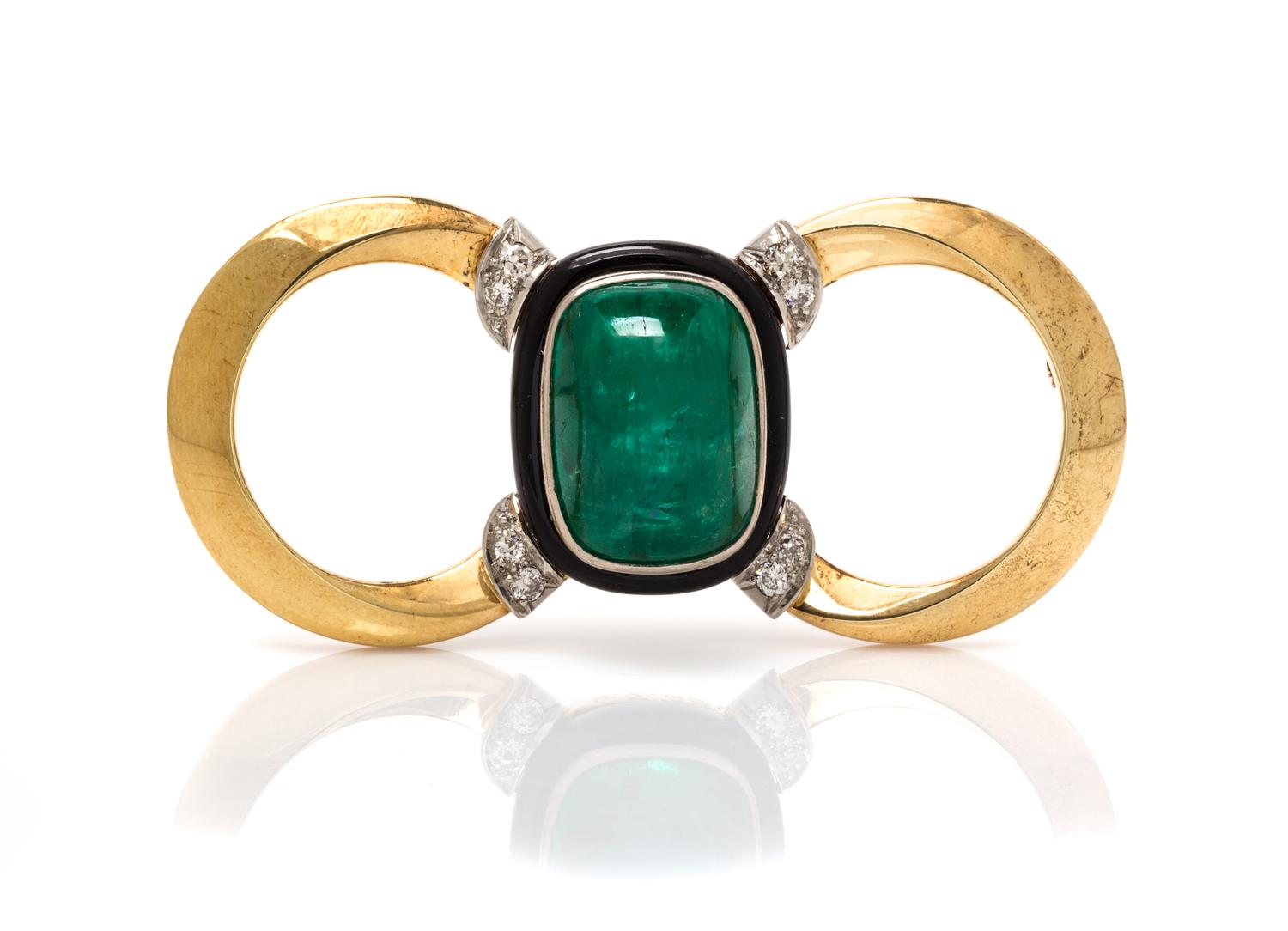 A Yellow Gold, Platinum, Emerald, Diamond and Onyx Brooch, 1935, 12.40 dwts.
