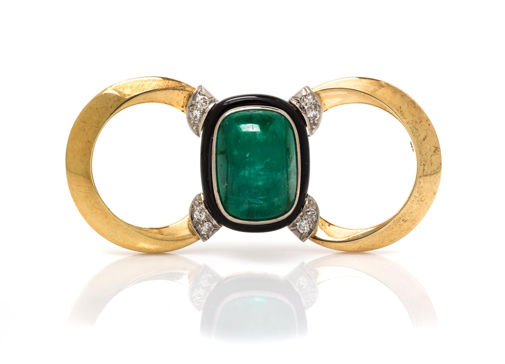 A Yellow Gold, Platinum, Emerald, Diamond and Onyx Brooch, 1935, 12.40 dwts.