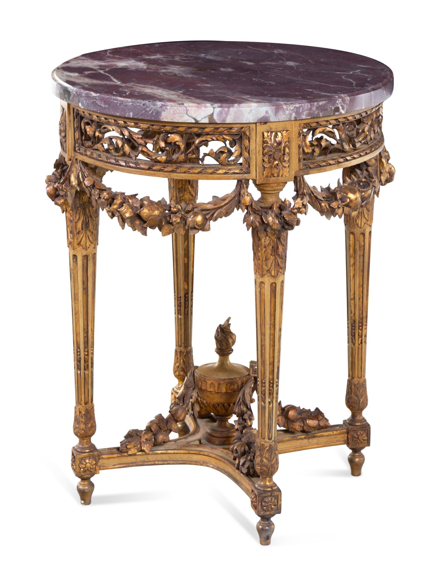 A Louis XVI Style Carved Giltwood Marble-Top Side Table