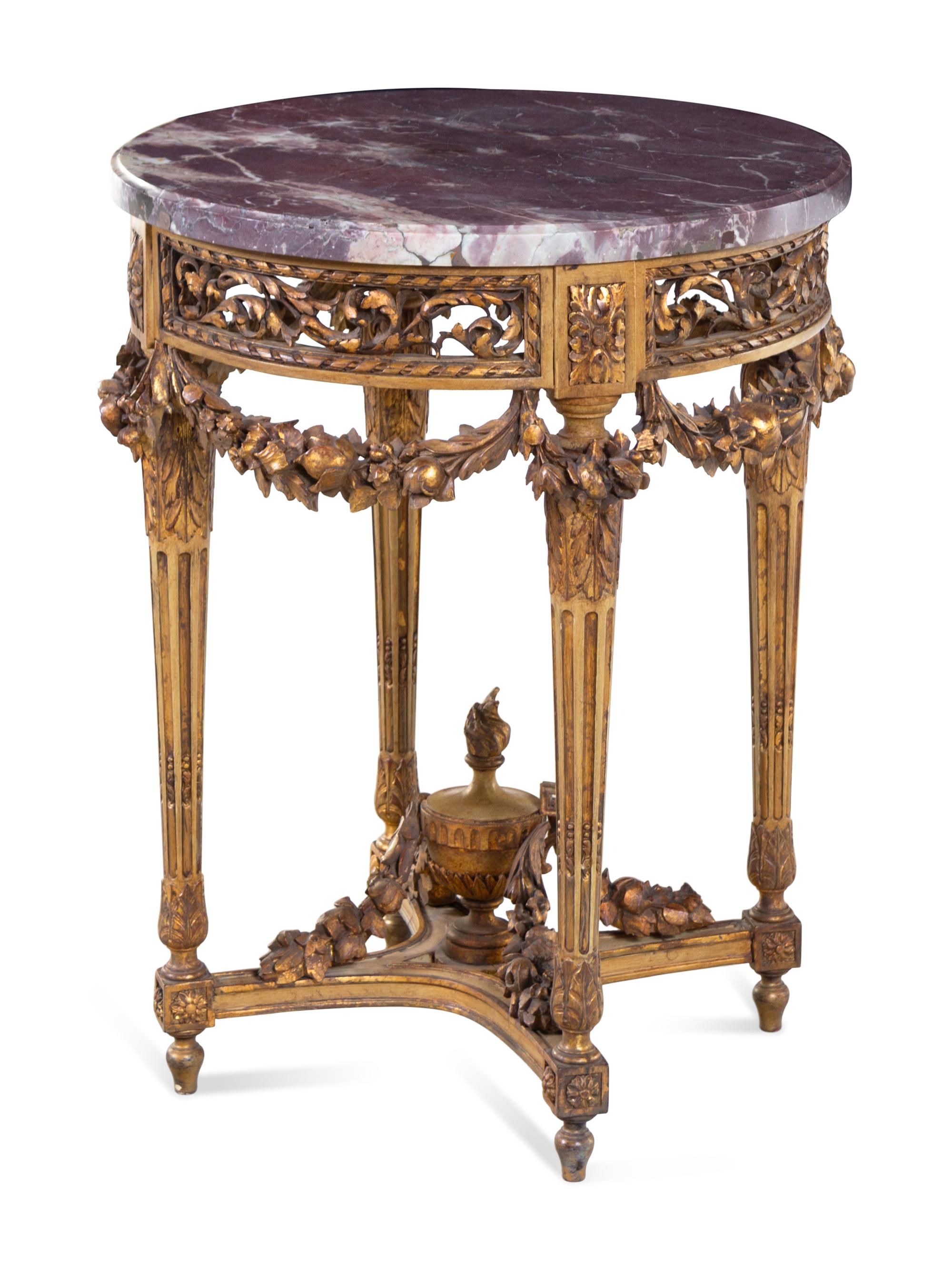 A Louis XVI Style Carved Giltwood Marble-Top Side Table