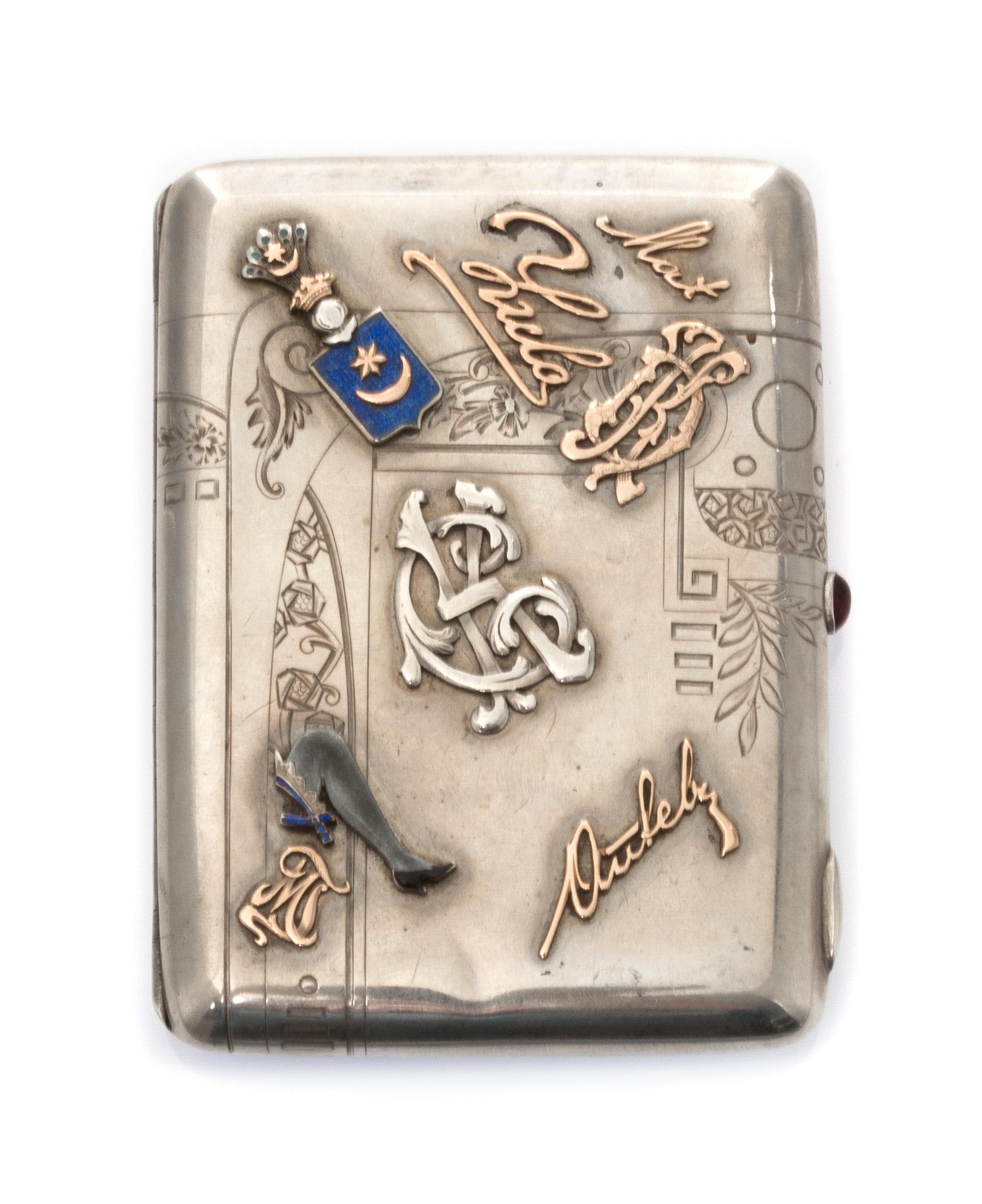 A Russian Silver and Enamel Cigarette Case, Second Silver Artel, Moscow, early 20th century, the case having applied monograms, silver-