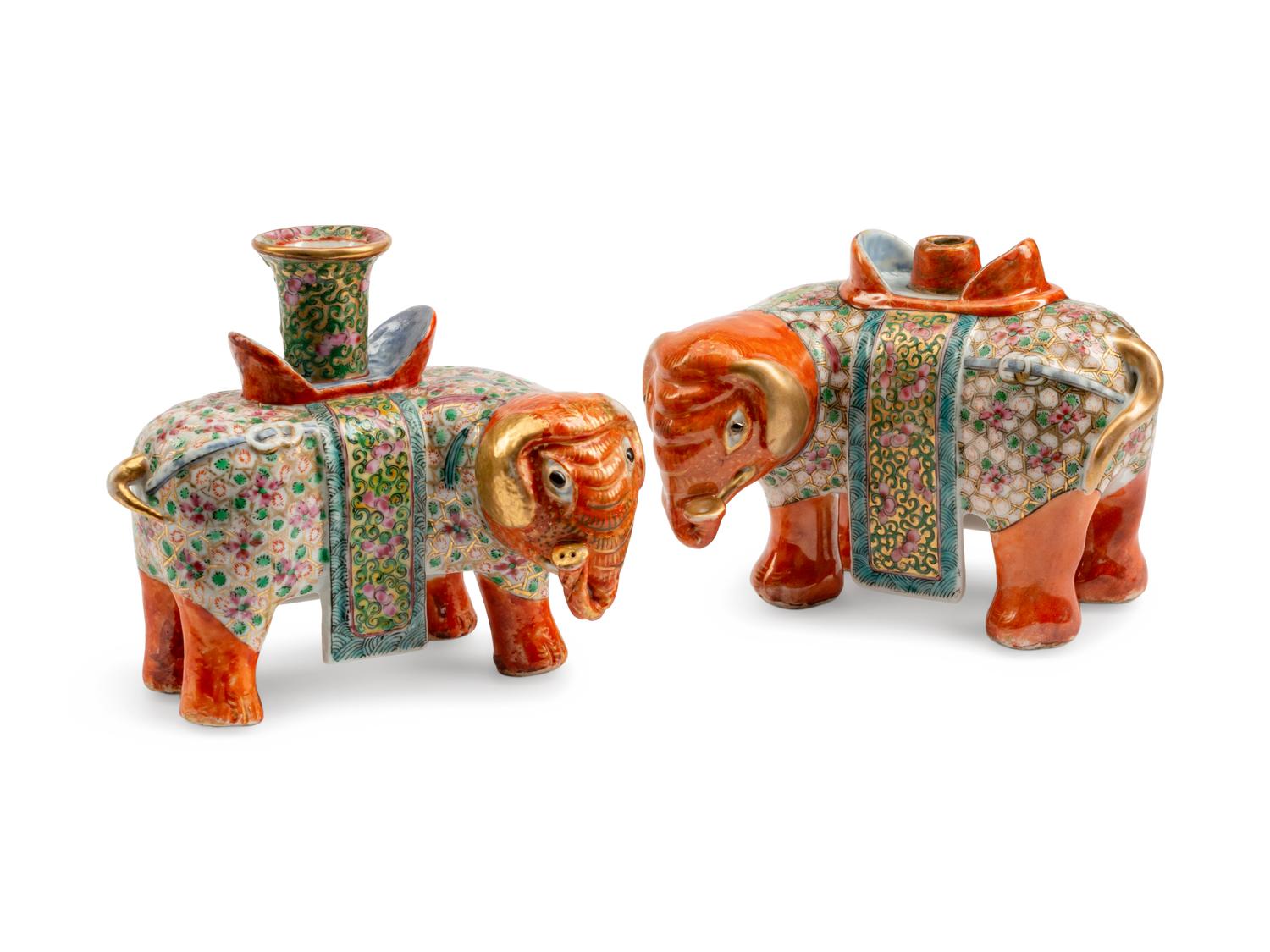 Two Chinese Export Porcelain Elephant Candlesticks — 19TH CENTURY