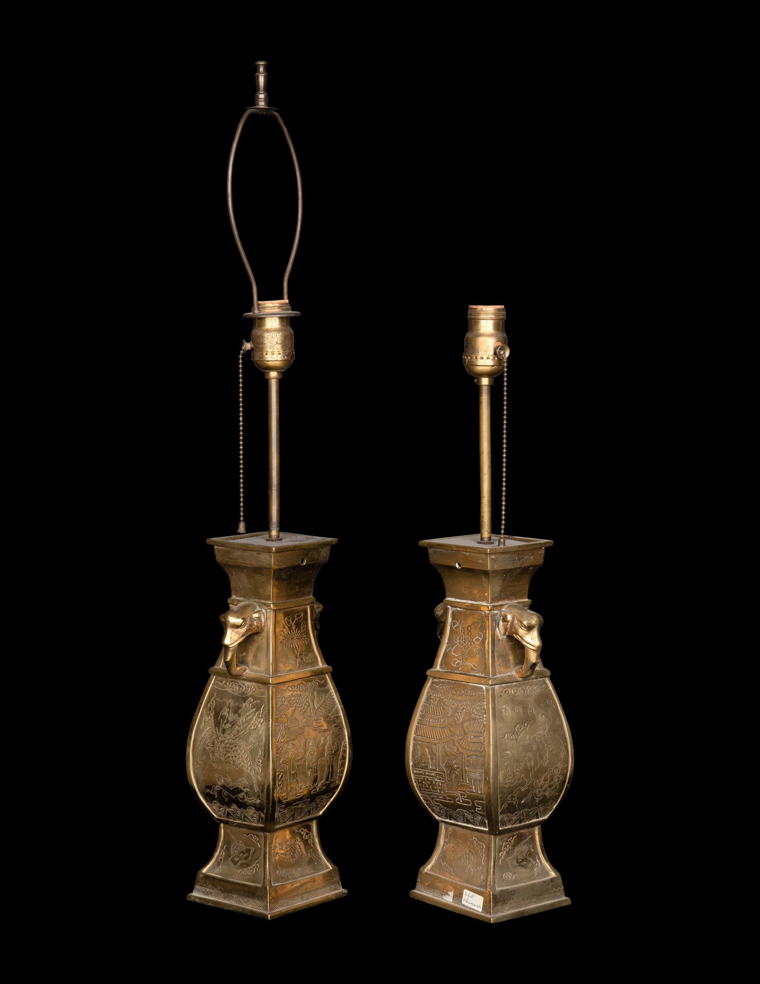 A Pair of Chinese Gilt Bronze Elephant-Head Handled Vases