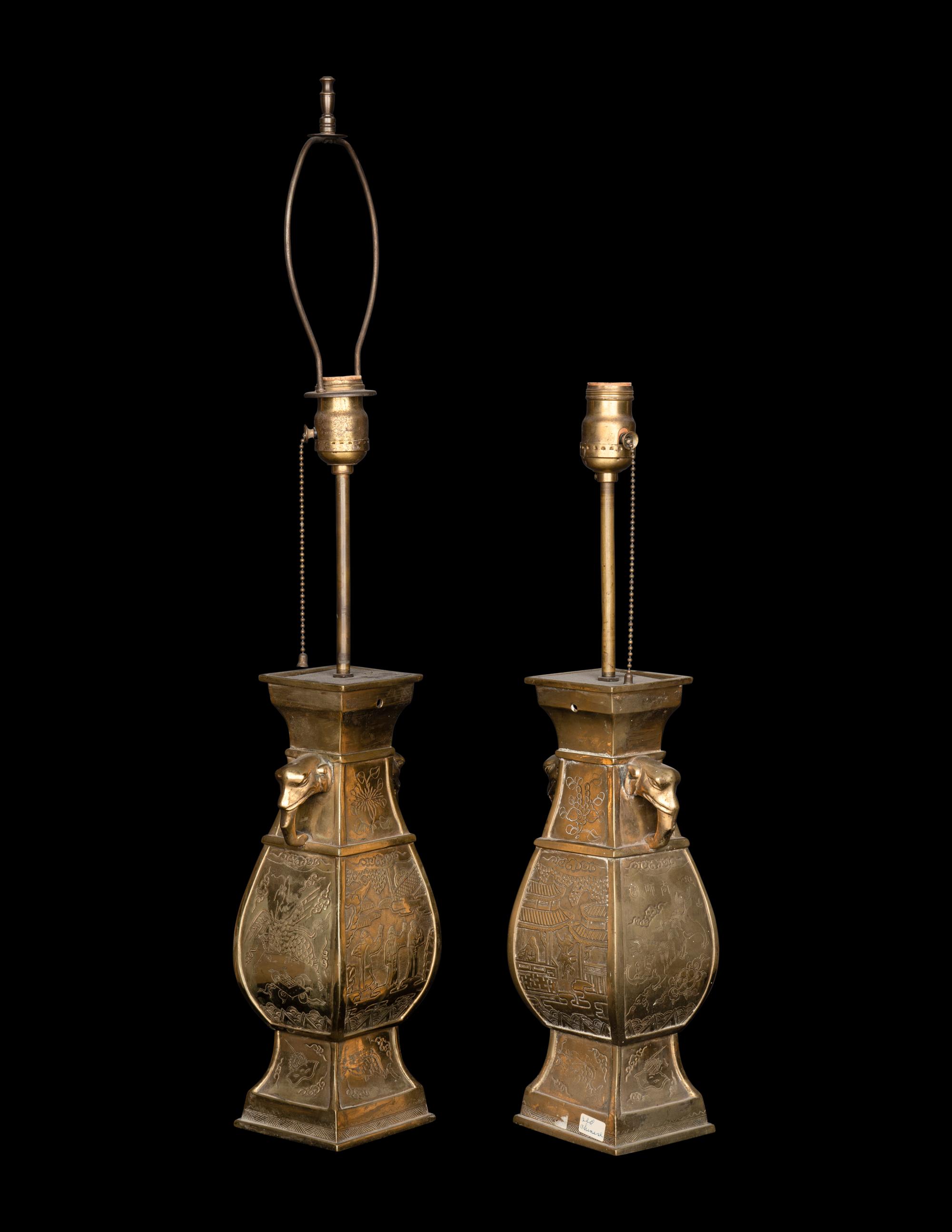 A Pair of Chinese Gilt Bronze Elephant-Head Handled Vases