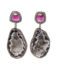 A Pair of Sterling Silver, Ruby, Geode and Diamond Earrings, 15.70 dwts.