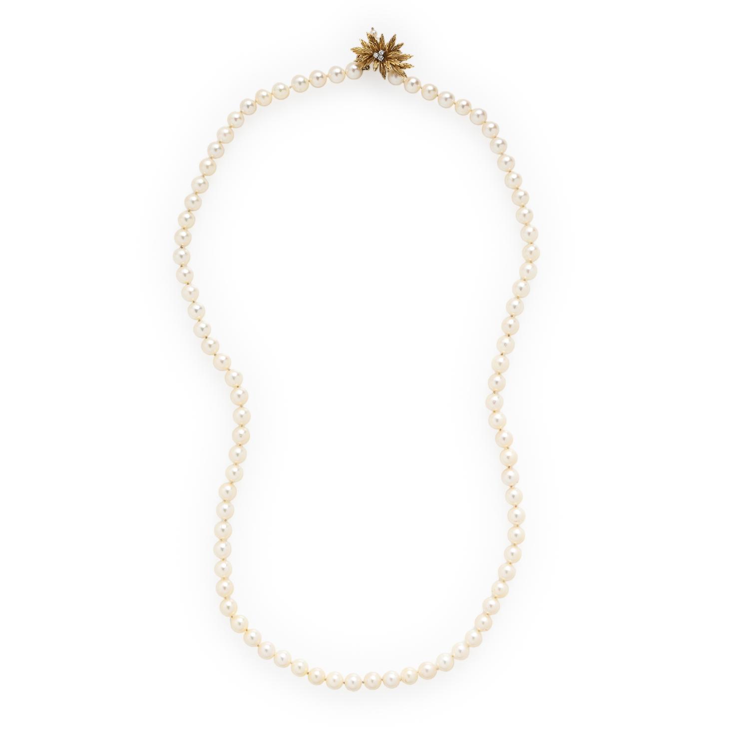 Cultured Pearl, Diamond, and Yellow Gold Necklace