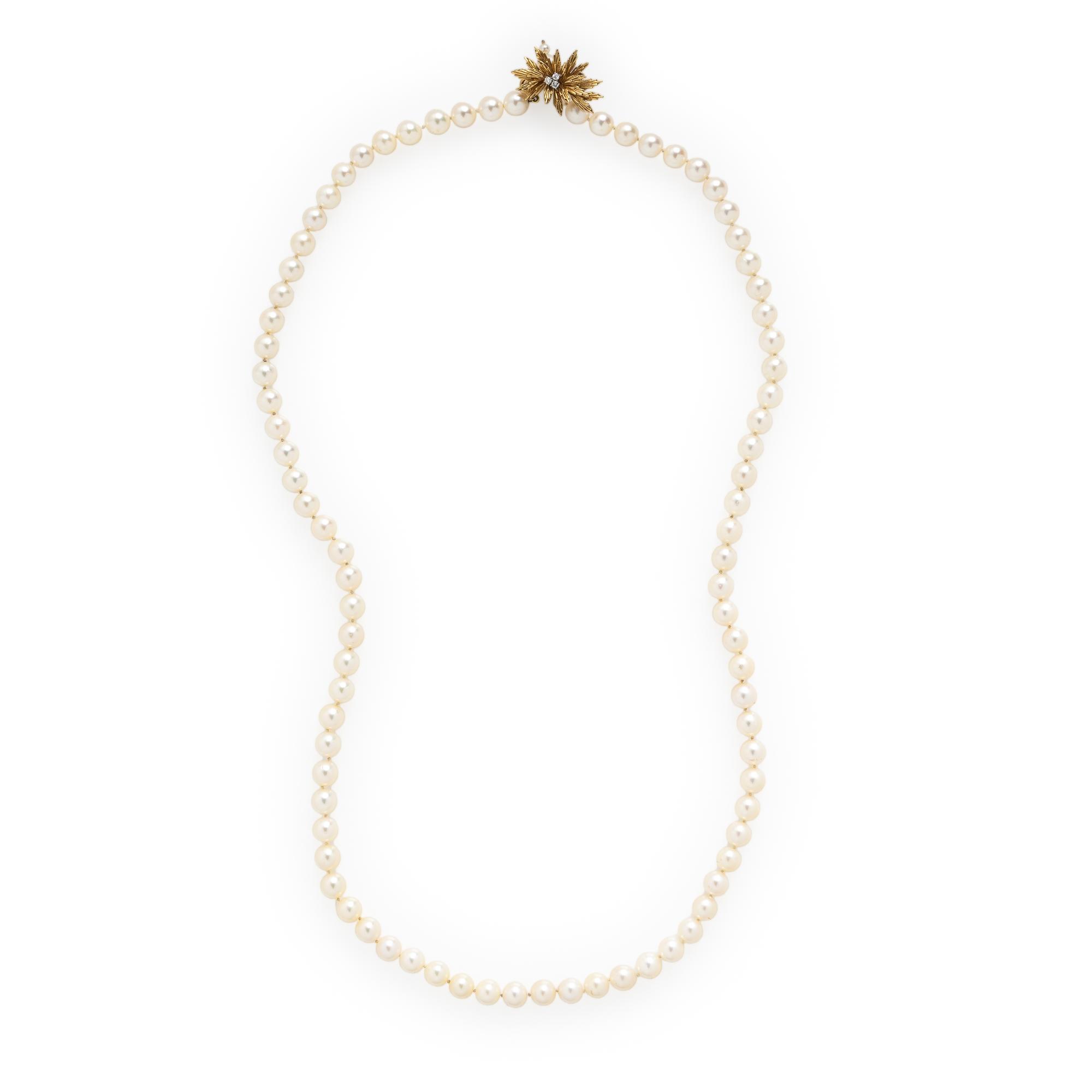 Cultured Pearl, Diamond, and Yellow Gold Necklace