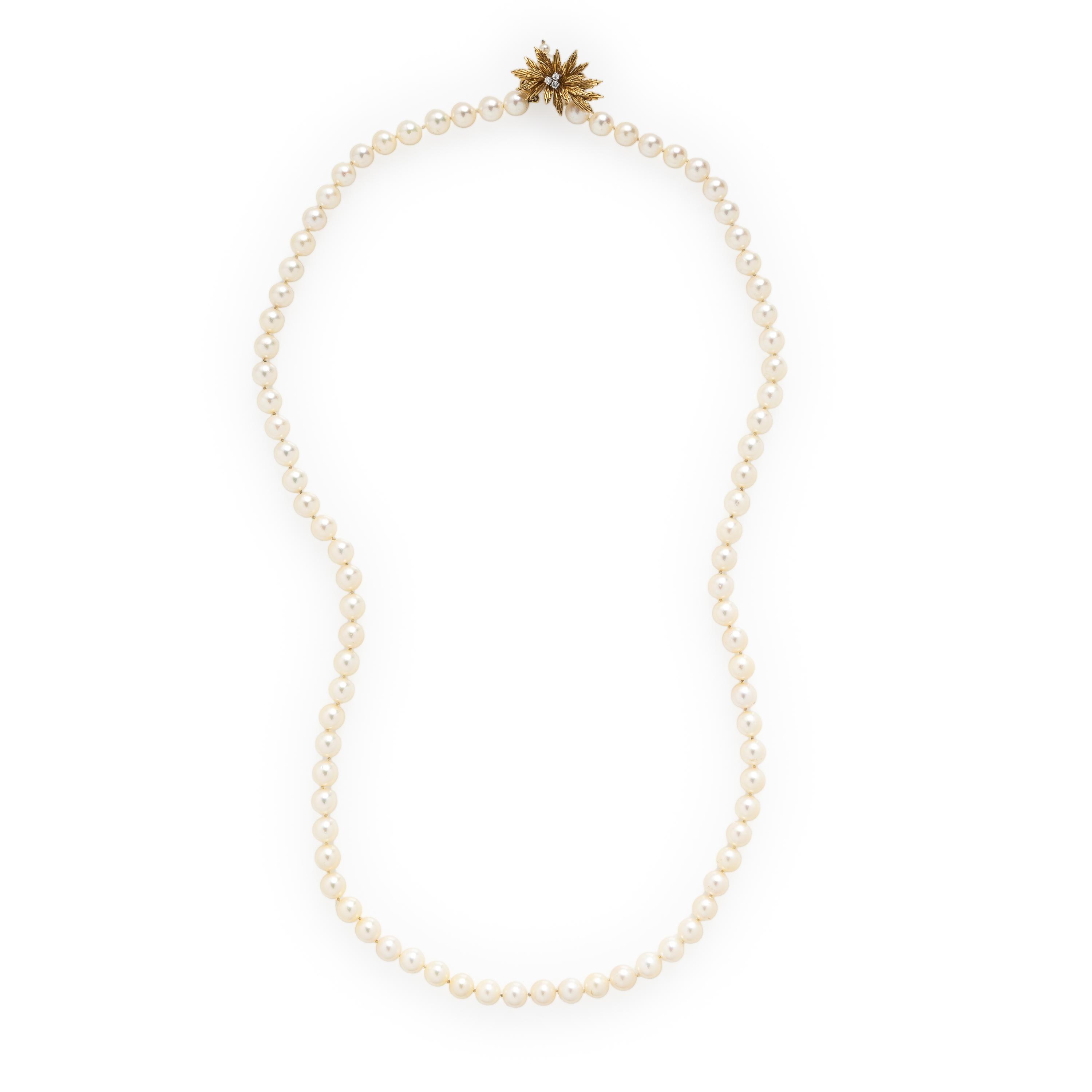 Cultured Pearl, Diamond, and Yellow Gold Necklace