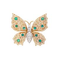 BICOLOR GOLD, DIAMOND AND EMERALD BUTTERFLY BROOCH