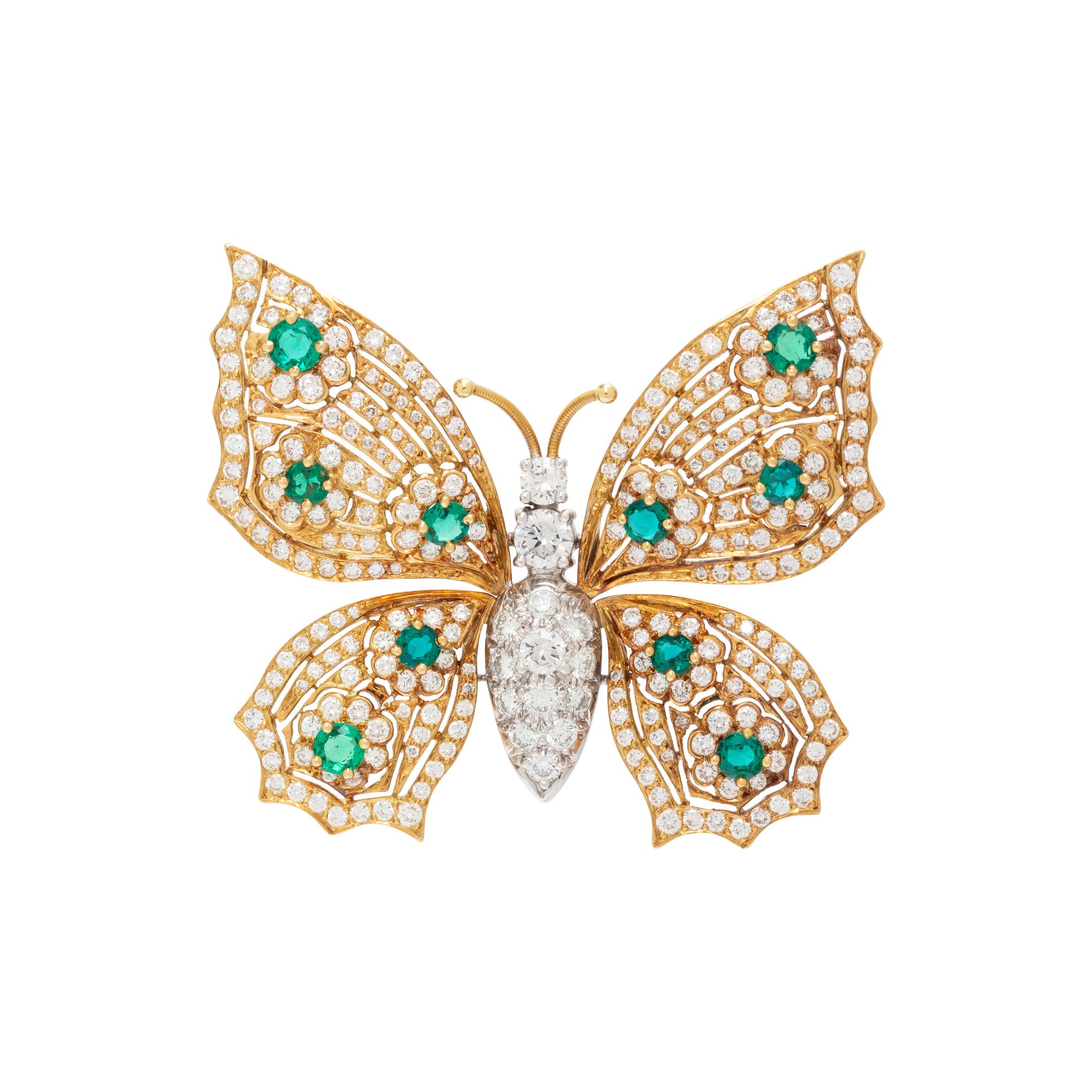 BICOLOR GOLD, DIAMOND AND EMERALD BUTTERFLY BROOCH