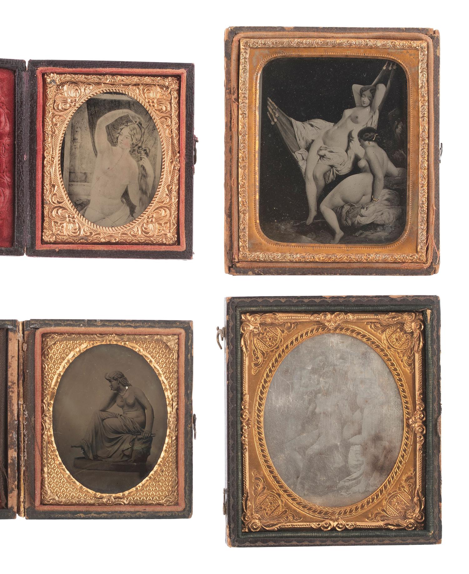 [EARLY PHOTOGRAPHY]. Collection of cased images, glass negatives, and postcards of nude subjects.