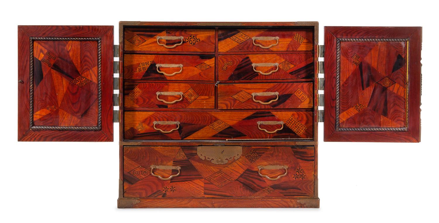 A Brass Mounted Marquetry Tansu Chest Height 33 x width 35 x depth 16 1/4 inches. — LATE 19TH CENTURY