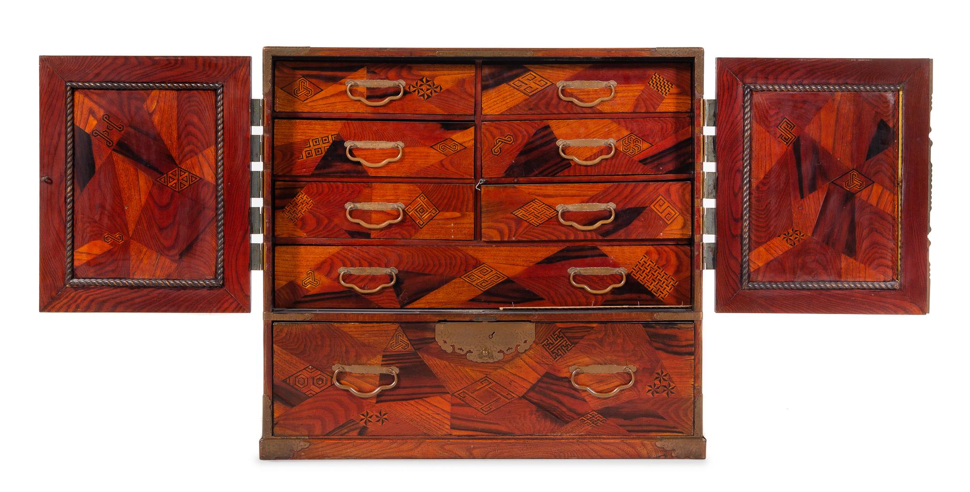 A Brass Mounted Marquetry Tansu Chest Height 33 x width 35 x depth 16 1/4 inches. — LATE 19TH CENTURY