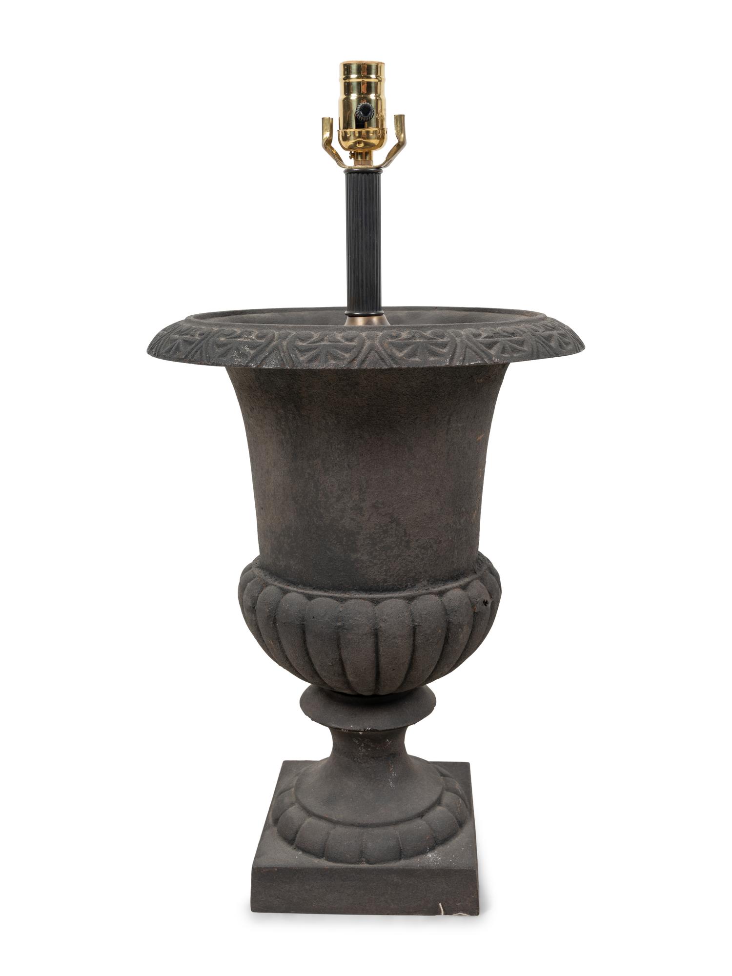 A Pair of Painted Cast Iron Garden Urns Mounted as Lamps