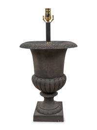 A Pair of Painted Cast Iron Garden Urns Mounted as Lamps