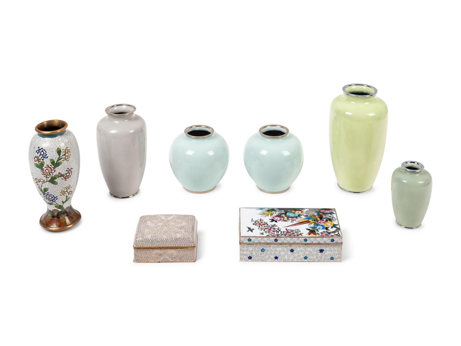 Eight Japanese Cream Ground Cloissoné Enamel Vessels