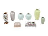 Eight Japanese Cream Ground Cloissoné Enamel Vessels