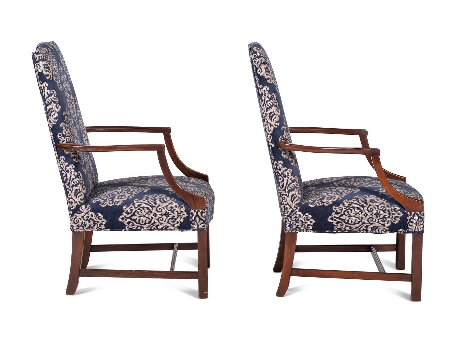 A Pair of George III Style Mahogany Upholstered Armchairs