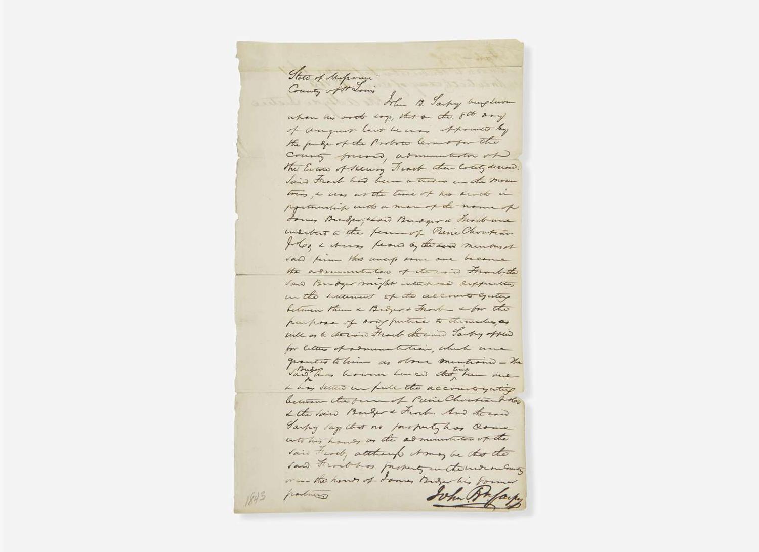 [Americana] [Western U.S.] [Bridger, Jim] Sarpy, John B.: Manuscript Document, signed