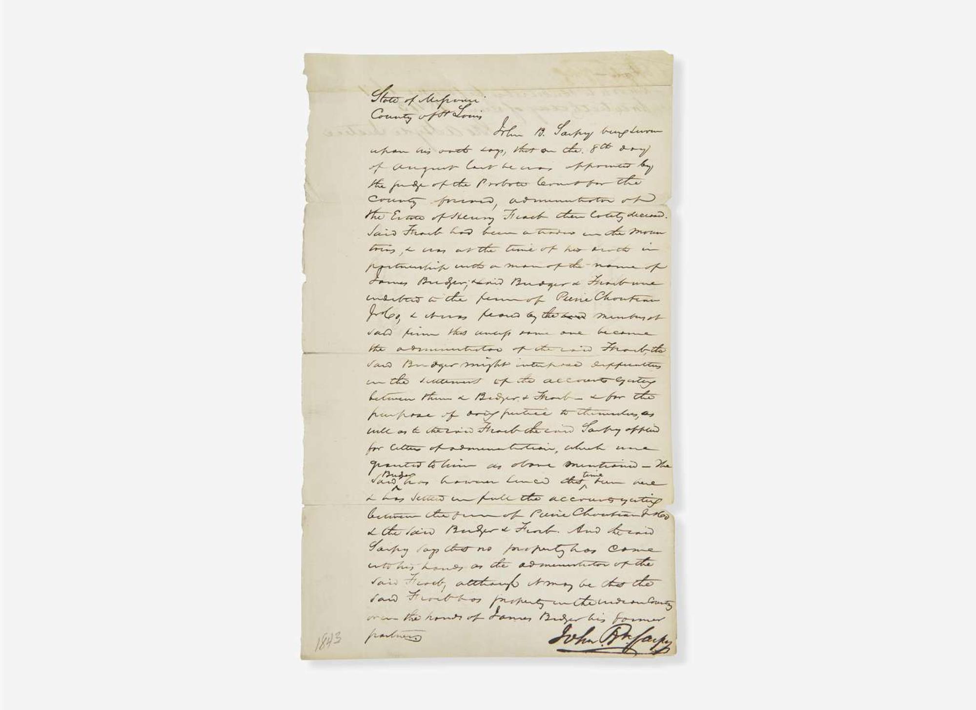 [Americana] [Western U.S.] [Bridger, Jim] Sarpy, John B.: Manuscript Document, signed