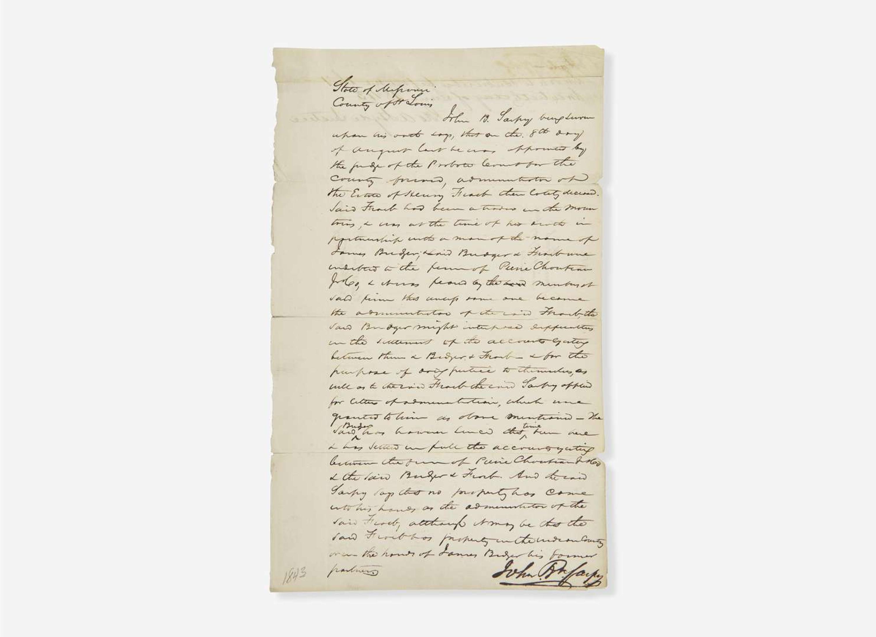 [Americana] [Western U.S.] [Bridger, Jim] Sarpy, John B.: Manuscript Document, signed