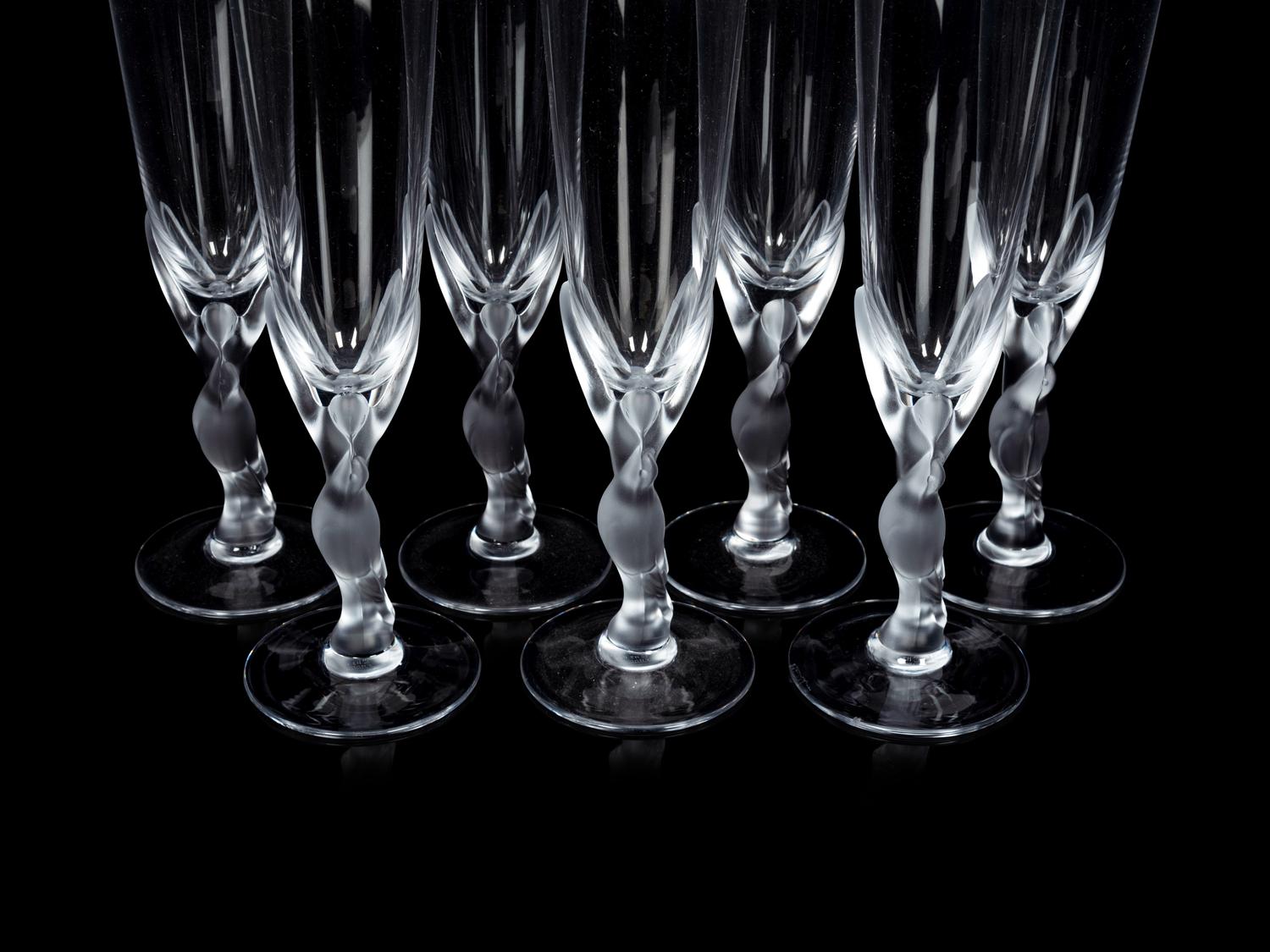 A Set of Eight Igor Carl Fabergé Kissing Doves Champagne Flutes