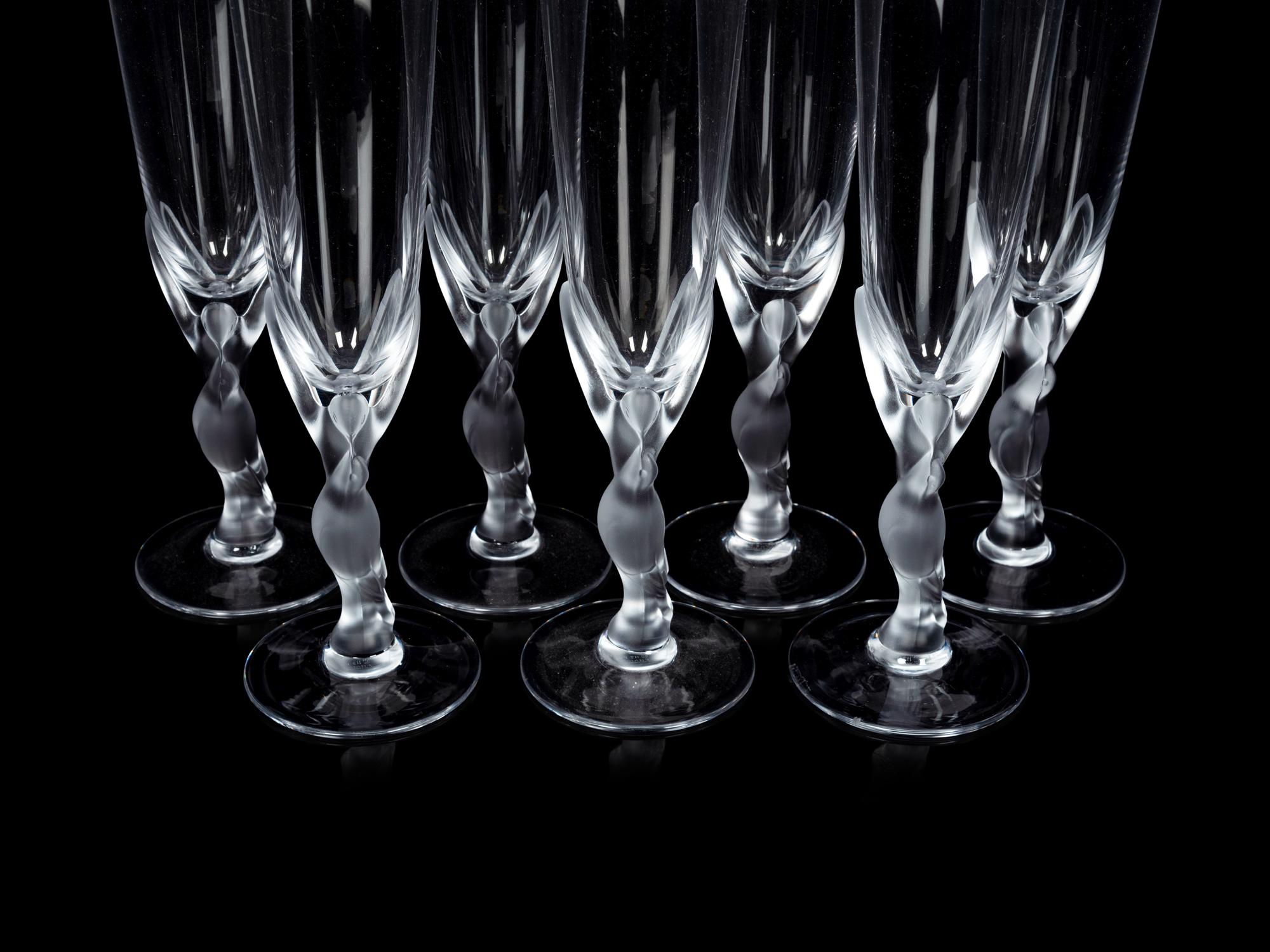 A Set of Eight Igor Carl Fabergé Kissing Doves Champagne Flutes