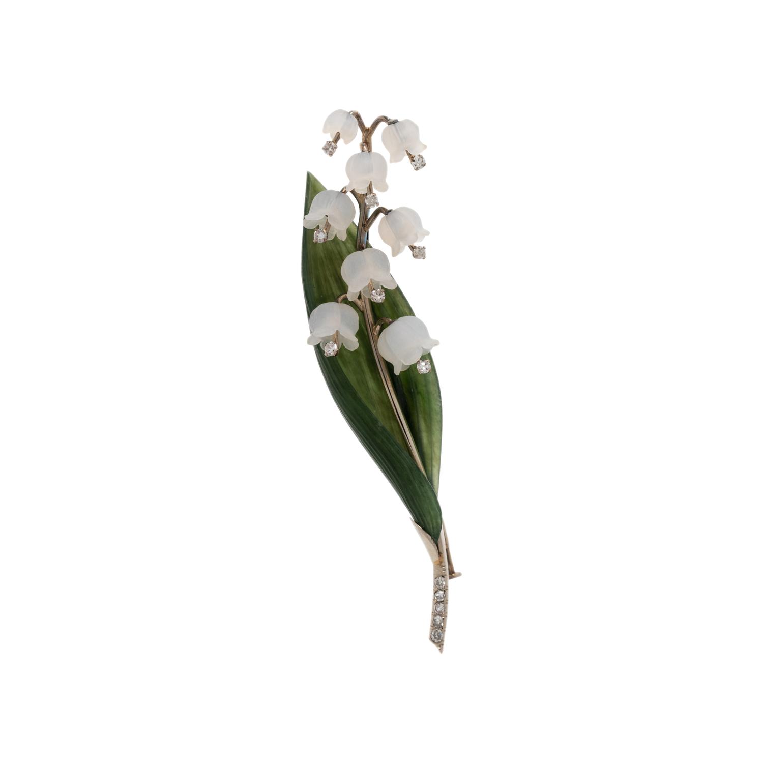 AUSTRIAN, NEPHRITE, ROCK CRYSTAL AND DIAMOND LILY-OF-THE-VALLEY BROOCH