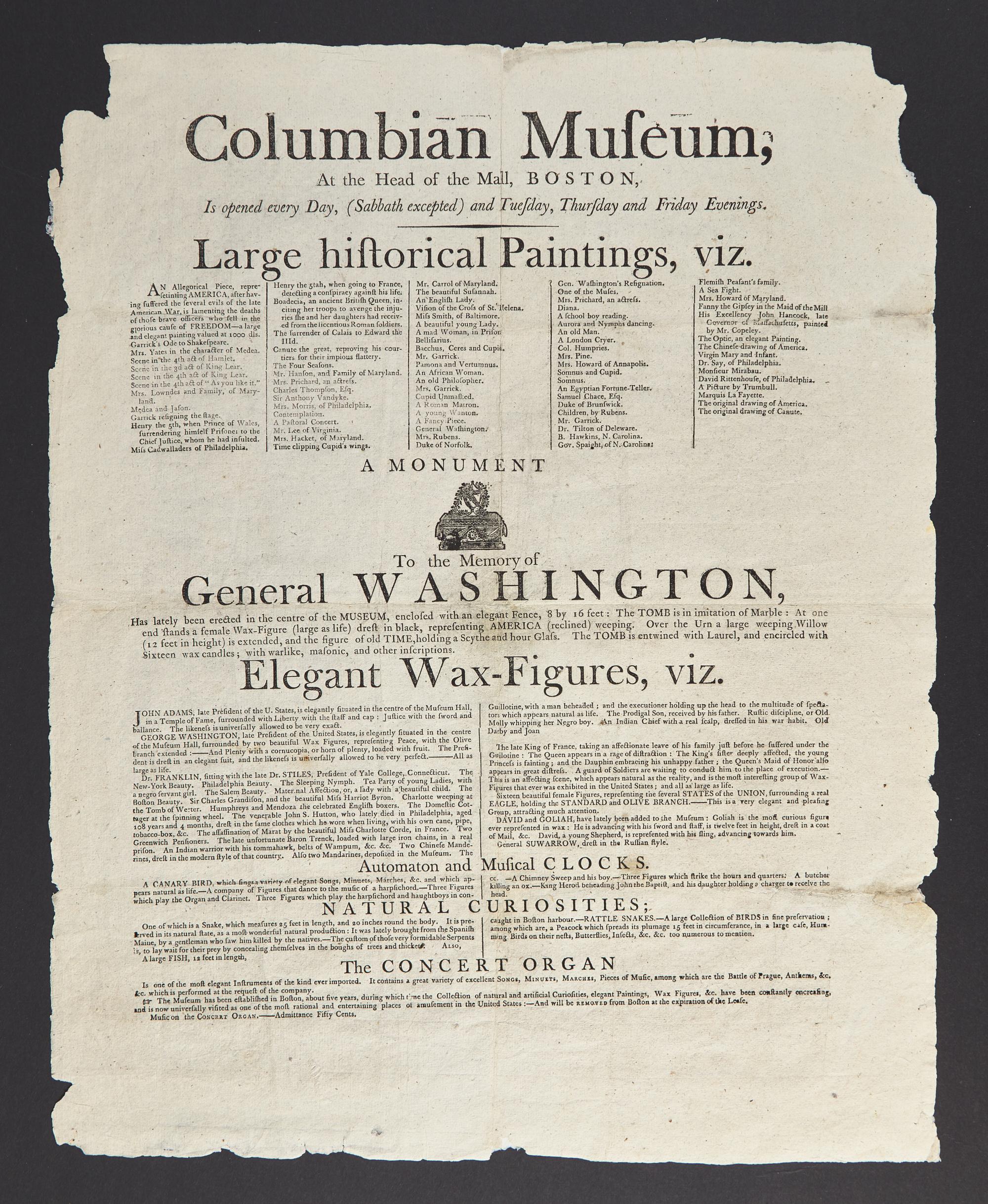 [Presidential] [Washington, George] Printed Broadside for Boston's Columbian Museum