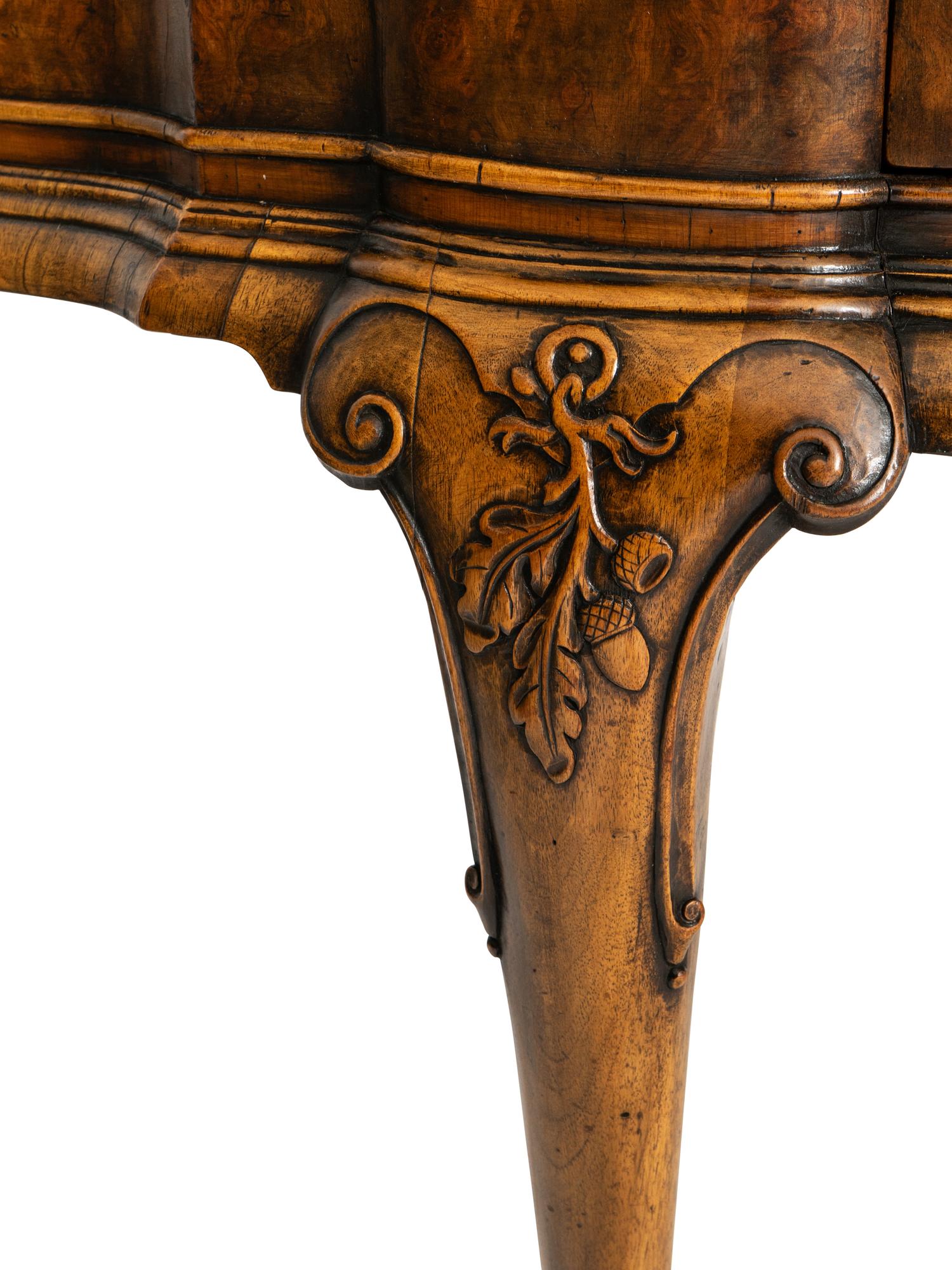 A Large Queen Anne Style Burl Walnut Demilune Console Table