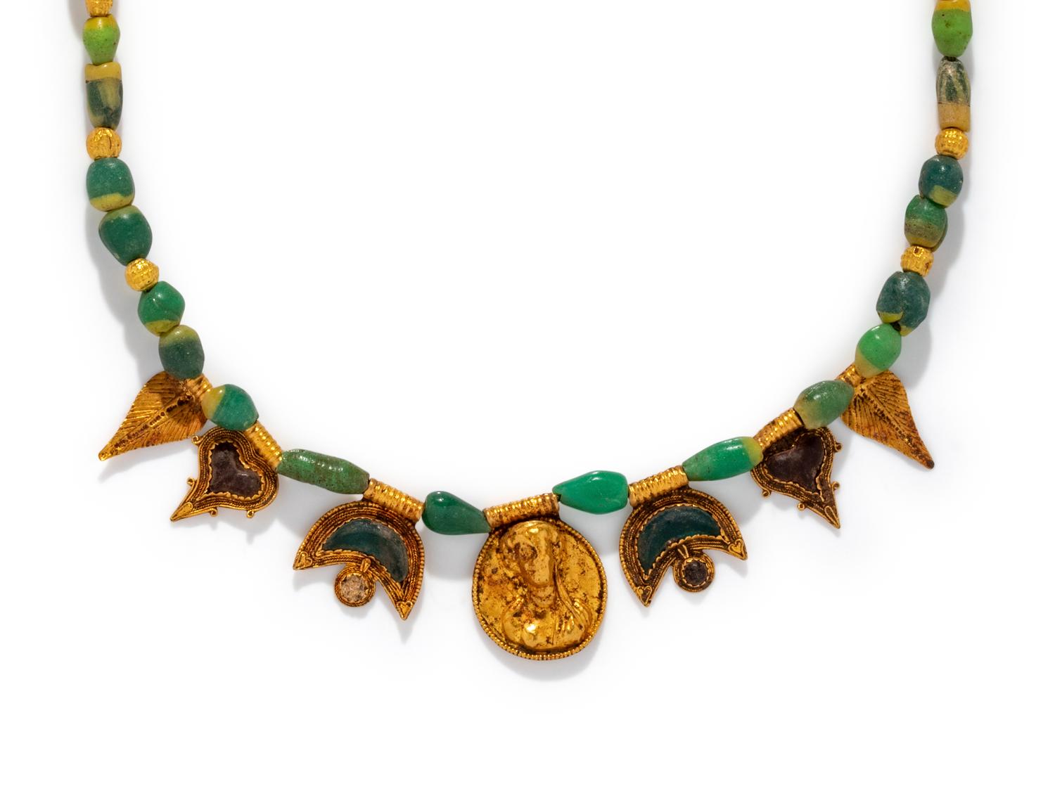 A Roman Gold and Glass Bead Necklace with a Portrait Head Medallion