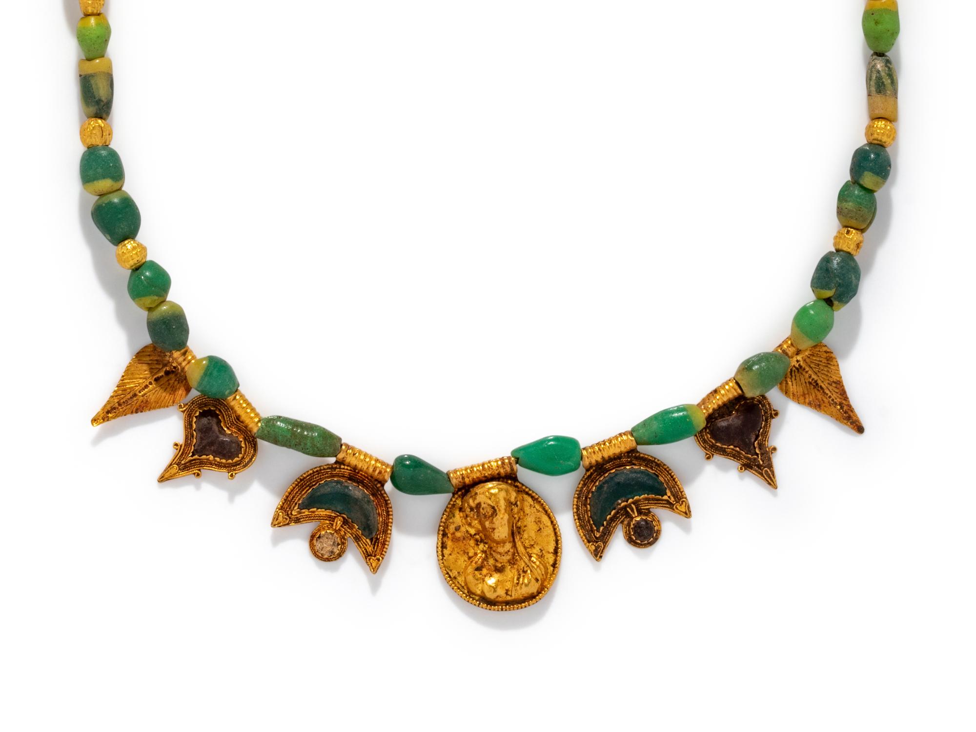 A Roman Gold and Glass Bead Necklace with a Portrait Head Medallion