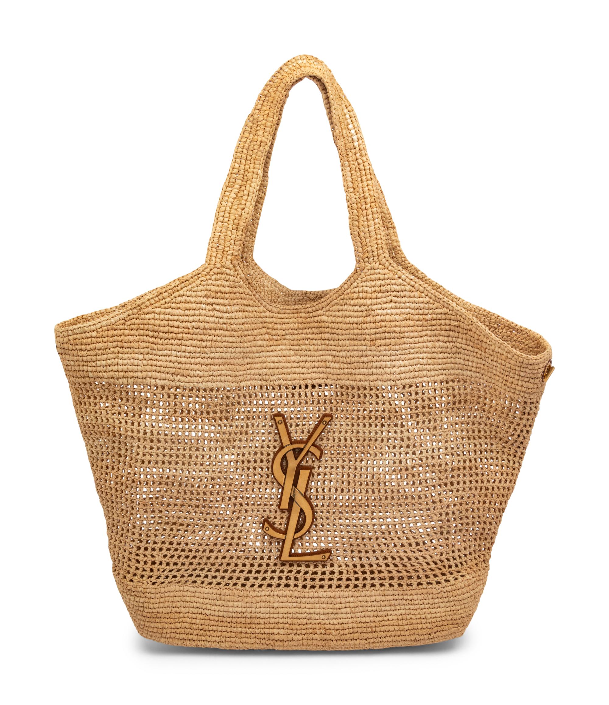 SAINT LAURENT RAFFIA ICARE TOTE WITH SUNGLASSES CASE
