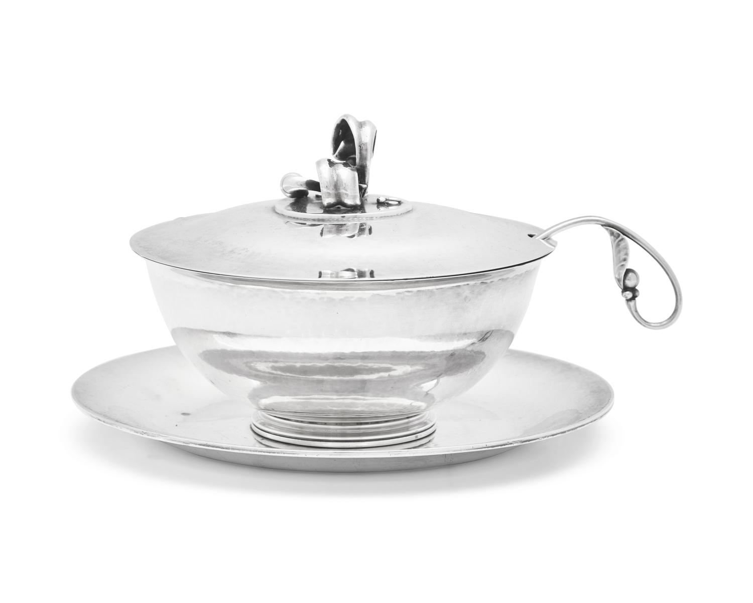 A Georg Jensen Silver Covered Sauce Tureen with Underplate and Ladle