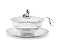A Georg Jensen Silver Covered Sauce Tureen with Underplate and Ladle