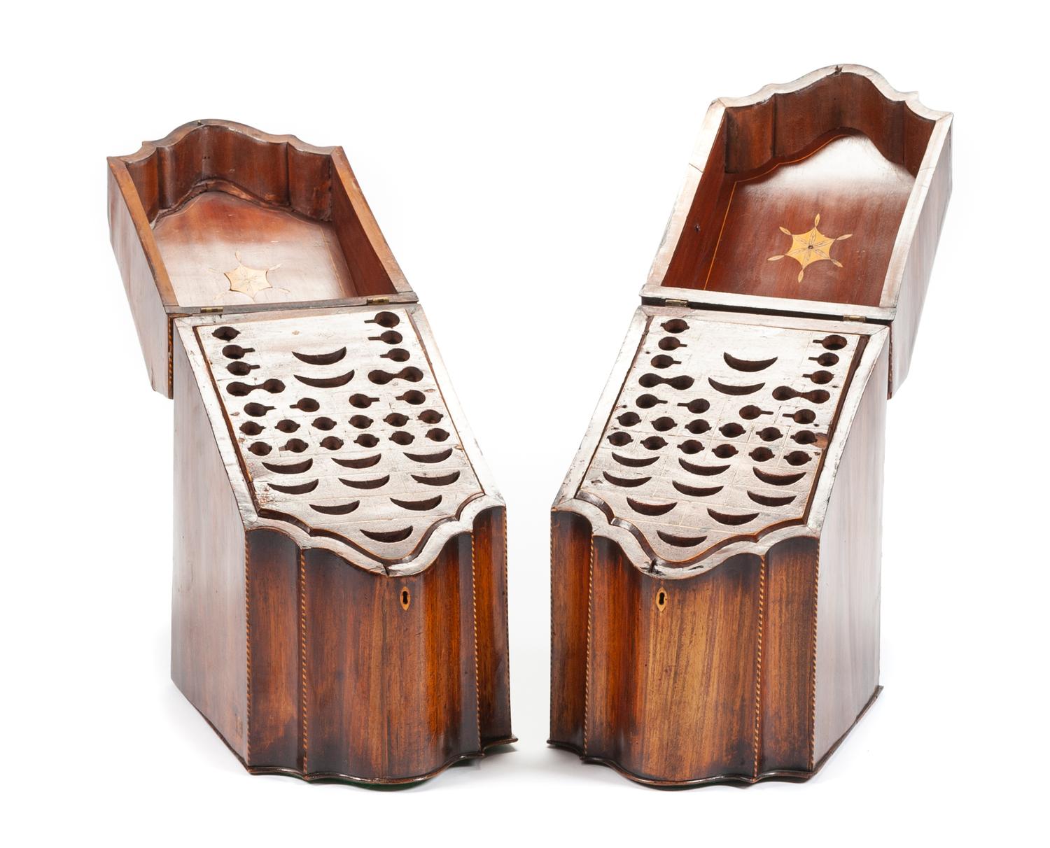 A Pair of George III Inlaid Mahogany Knife Boxes Height 32 x width 13 x depth 11 inches. — 18TH/19TH CENTURY